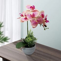  Artificial Orchid Flower in Grey Pot, Faux Pink Orchid Real Touch Fake Phalaenopsis Bonsai

