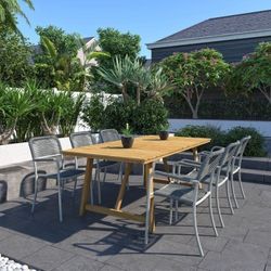 BRAND NEW 7 Piece Rectangular Patio Dining Set - Outdoor Table And Chaira Furniture - Solid Teak Wood & Aluminum Grey