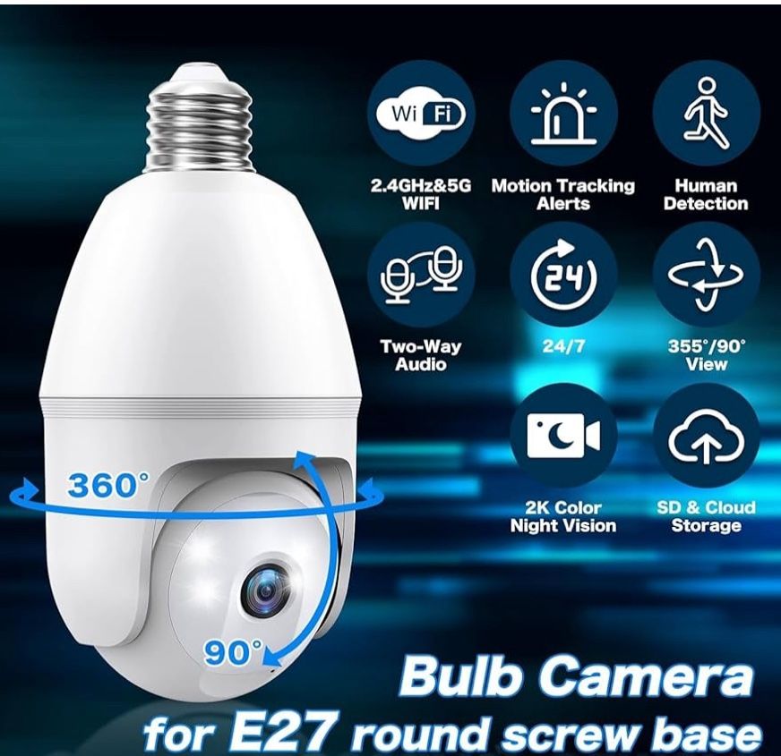 Light Bulb Security Camera - 5g 2K Lightbulb Security Cameras Wireless Outdoor EseeCloud, 360 Front Porch Light Camera Screw in Light Socket 7/24 Moti