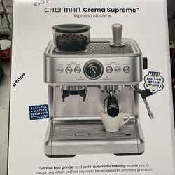 Chefman Crema Supreme Espresso Machine with Conical Burr Grinder and Steam Wand – Stainless Steel, New
