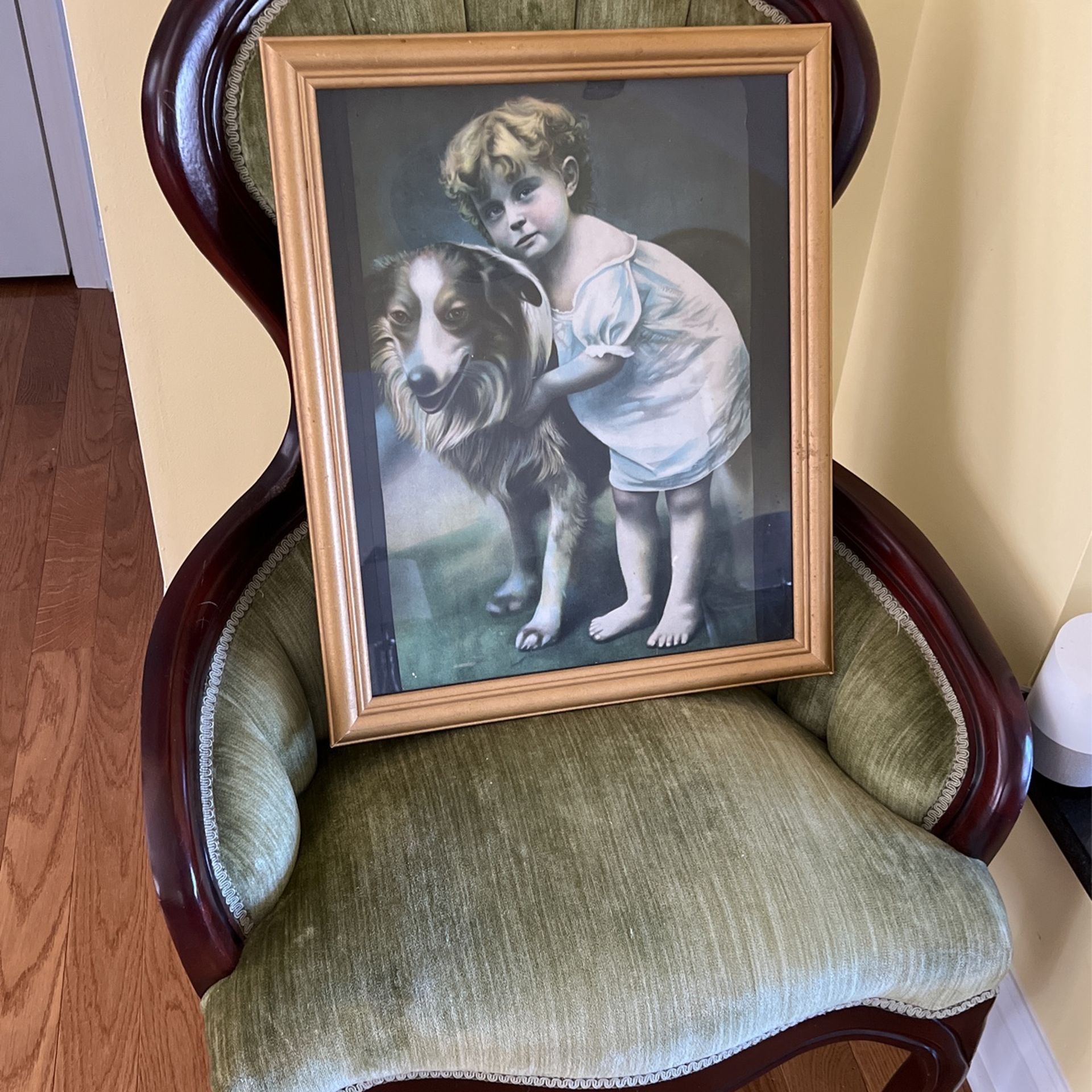 Antique Print Of Little Girl And Her Dog , 18x22 With A Wooden Frame !