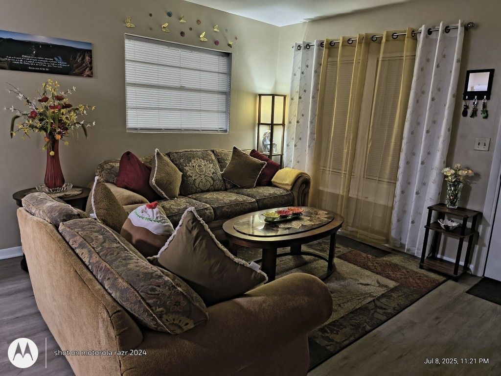 Hole Set Of Sofa, Love Seat, Coffee Table End Table, Rug, Lamp, And Curtains.