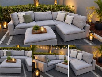 🔥 Large Gray Sectional Sofa Couch Modular L-Shaped + Ottoman Living Room