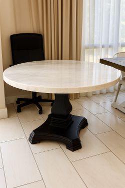  Round Marble Dining Table – Solid Wood Pedestal Base