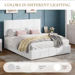 Full Size Bed Frame, Velvet Upholstered Platform Bed, White