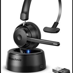 Mopchnic Bluetooth Headset, Wireless Headset with Upgraded Microphone AI Noise Canceling, On Ear Bluetooth Headset with USB Dongle for Office Call Cen