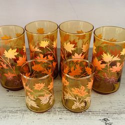 Set of 6 vintage Libbey leaves design amber glasses. 4~ 12 ounce 2~ 6 ounce  Very nice cond. No chips or cracks . Pattern is bright and shiny.  