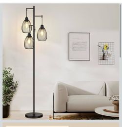 Dimmable Floor Lamp, 3 x 800LM LED Edison Bulbs Included, Farmhouse Industrial Floor Lamp Standing Tree Lamp with Elegant Teardrop Cage Tall Lamps for