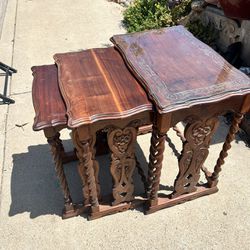 Antique wood 3 Carved Nesting Tables