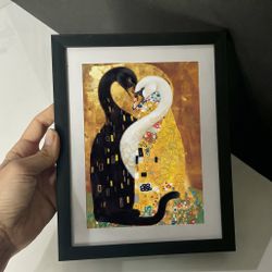 Beautiful Klimt-Style Framed Print – Black & White Swans Forming a Heart