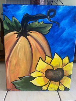 Original Acrylic Pumpkin & Sunflower Canvas Painting