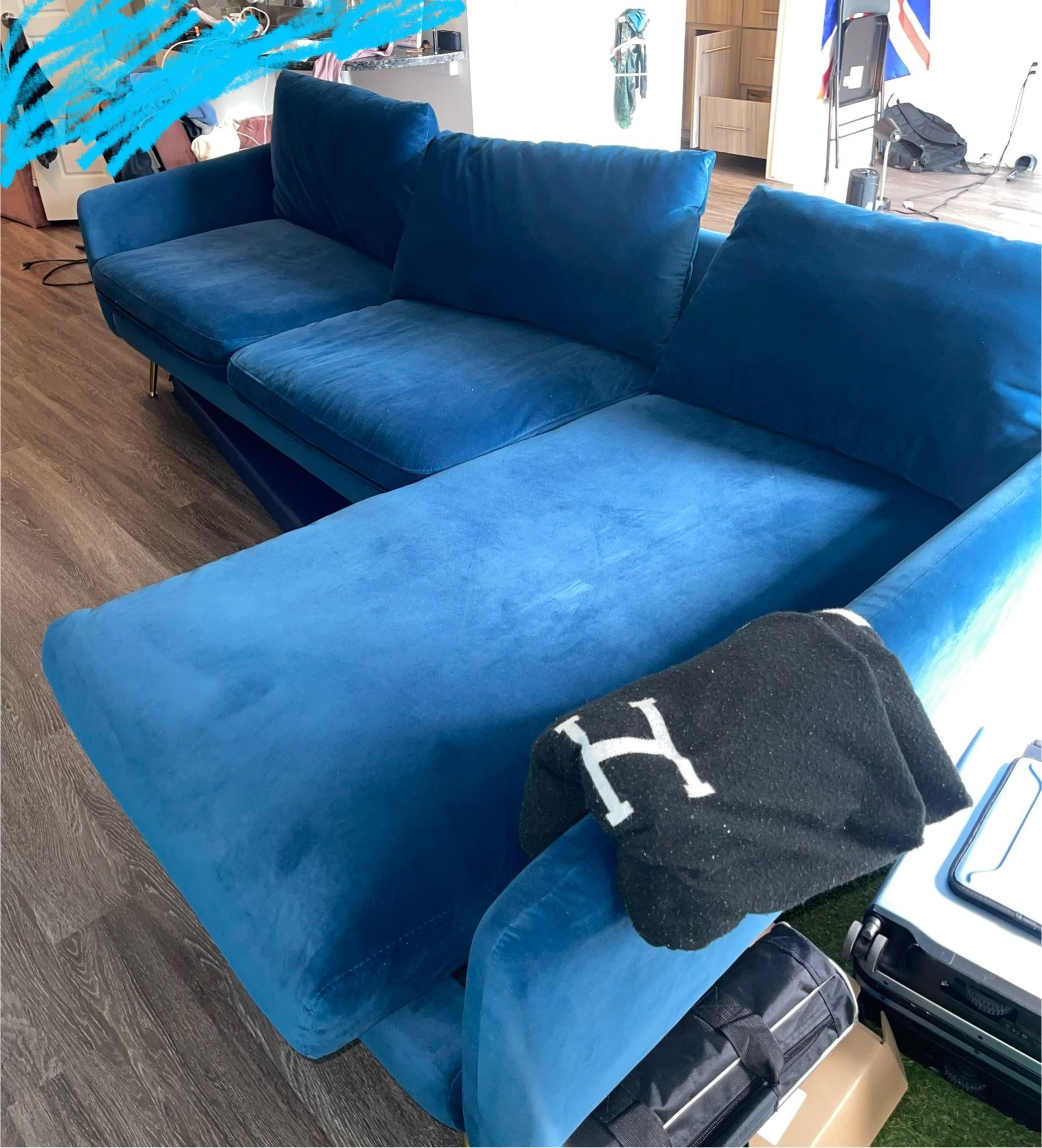 Blue Velvet Park Sectional Sofa Couch