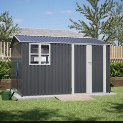 10x8 FT Outdoor Steel Storage Shed With Windows – Gray