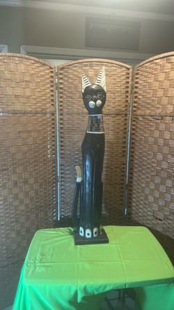 Vintage 39" Tall Hand-Carved Wooden Cat Statue – Balinese Floor Decor-$45 CASH