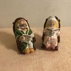 Vintage Lefton Grandma #4293 & Grandpa #4266 Retirement Banks With Stoppers