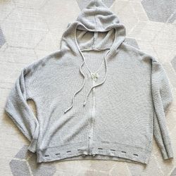 Grey Knit Zip Up Sweater W/ Hoodie with Distressed Hem – Size Large