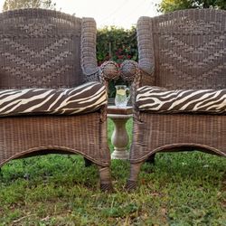 Pair of High-End Wingback Wicker Patio Chairs + Zebra Cushions
