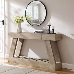 60" Modern Entryway Table with Drawer, Console Table, Heavy Duty Base - Light Rustic Oak