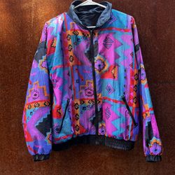 Vintage Track Nylon Windbreaker Jacket Southwest Aztec Bold Colors Size Med