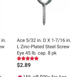 Large Screw Eyes 8 Pack Max Weight 45LBs 1 7/16inch