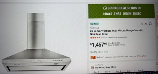 36” KitchenAid Kitchen Aid convertible Wall Mount Range Hood Stainless Steel