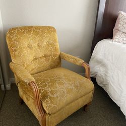 Antique Vintage Fabric Yellow Patterned Chair Golden Gold Farmhouse Cozy Home Decor Rocker