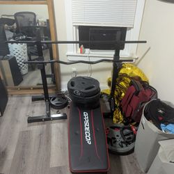 Weight Bench, weight stand,13 lb barbell, and curl bar. (WEIGHT PLATES NOT FOR SALE)
