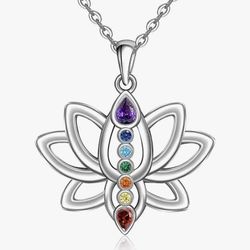 7 Seven Chakras Lotus Flower Yoga Reiki Crystal Necklace Pendant