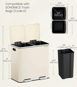SONGMICS 2 x 10.6 Gallon Garbage Trash Can 2 Compartments Foot Pedal Soft Close Lid - Almond