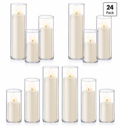 12 Candles+12 Candle Hoders) 24 PCS Ivory White Pillar Candles with Glass Candle Holders Clear Hurricane Candle Holders Glass Cylinder Vases for Cente