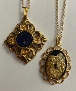 2 x Antique Gold Tone Theme Charm Pendant Necklace Lot - Vintage Jewelry