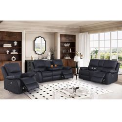 Automatic Powered Recliner (Set Of 3pc), Genuine Leather, Living Set, Recliner Chair, Loveseat Sofa, 3-Seater Couch