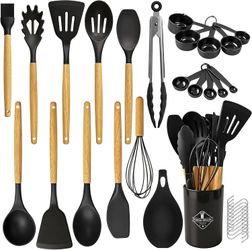 Black Silicone Kitchen Utensil Set with Wooden Handles