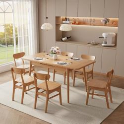 47-63 inch solid wood extendable rectangular dining table, natural wood, fits 4-8 people