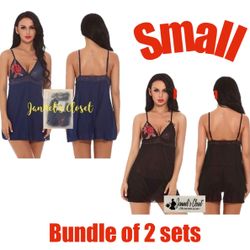 Lingerie for Women Sexy Lace Sleepwear Dress Cotton Chemise Nightgown Mini Teddy  Size: Small Color: Black and Blue  Bundle of 2 sets  Pull On closure