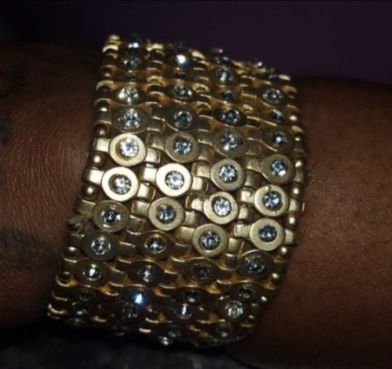 Gold tone metal with white crystals Cuff Bracelet