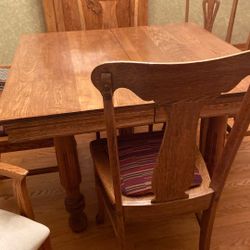 Antique Oak Farmhouse  Five- Legged Table and 5 Chairs