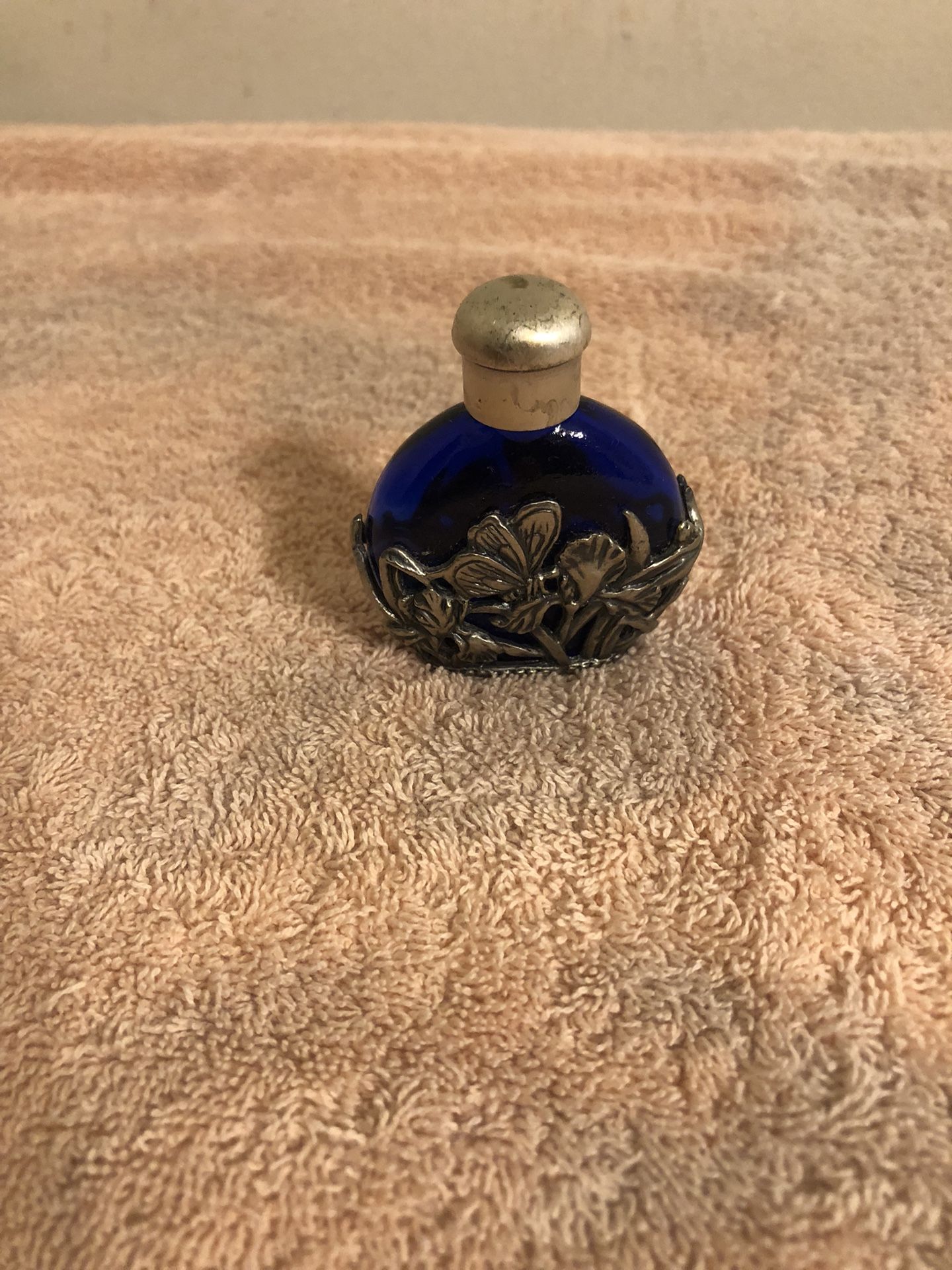 Vintage Blue Glass With Pewter Butterfly & Flowers Wrap Perfume Bottle