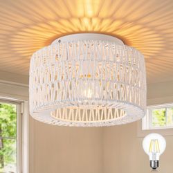 Rattan Ceiling Light Fixtures (12-Inch, LED Bulb Included), Hand-Woven Boho