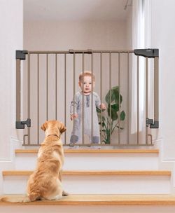 Cumbor 29"-43" Baby/Pet Gate for Stairs, Hardware Mounted~NEW~No Bottom Bar~Auto Close Extra Wide Walk Thru~Brown