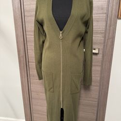 Forever 21 Womens Olive Green Long Zip-Up Cardigan Sweater Dress S/M Knit V-Neck