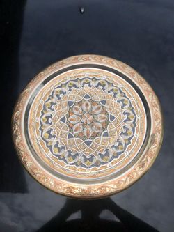 Vintage Handmade Metal Tray Art Decor Silver Gold Copper 