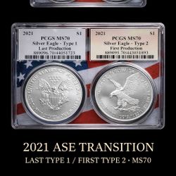 Price Is For Both American Silver Eagle 2021 Silver Eagle Transition Set PCGS MS70 Type 1 Last & Type 2 First Production. Historic and Rare Set.