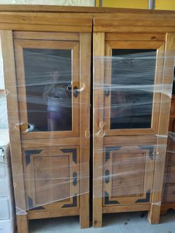 Pine Wood Cabinet with Glass Panel Doors