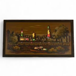 Vintage 1977 Ashbrook Illuminated Cityscape Painting - Working Lights - 27"×50"