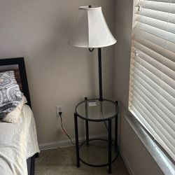bedside corner table with lampshade