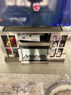 Electric Fireplace TV Stand with Glass Cabinets