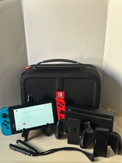 Nintendo Switch Console HAC-001(-01) w/ Dock Red/Blue Joy-Con Grip Straps Case