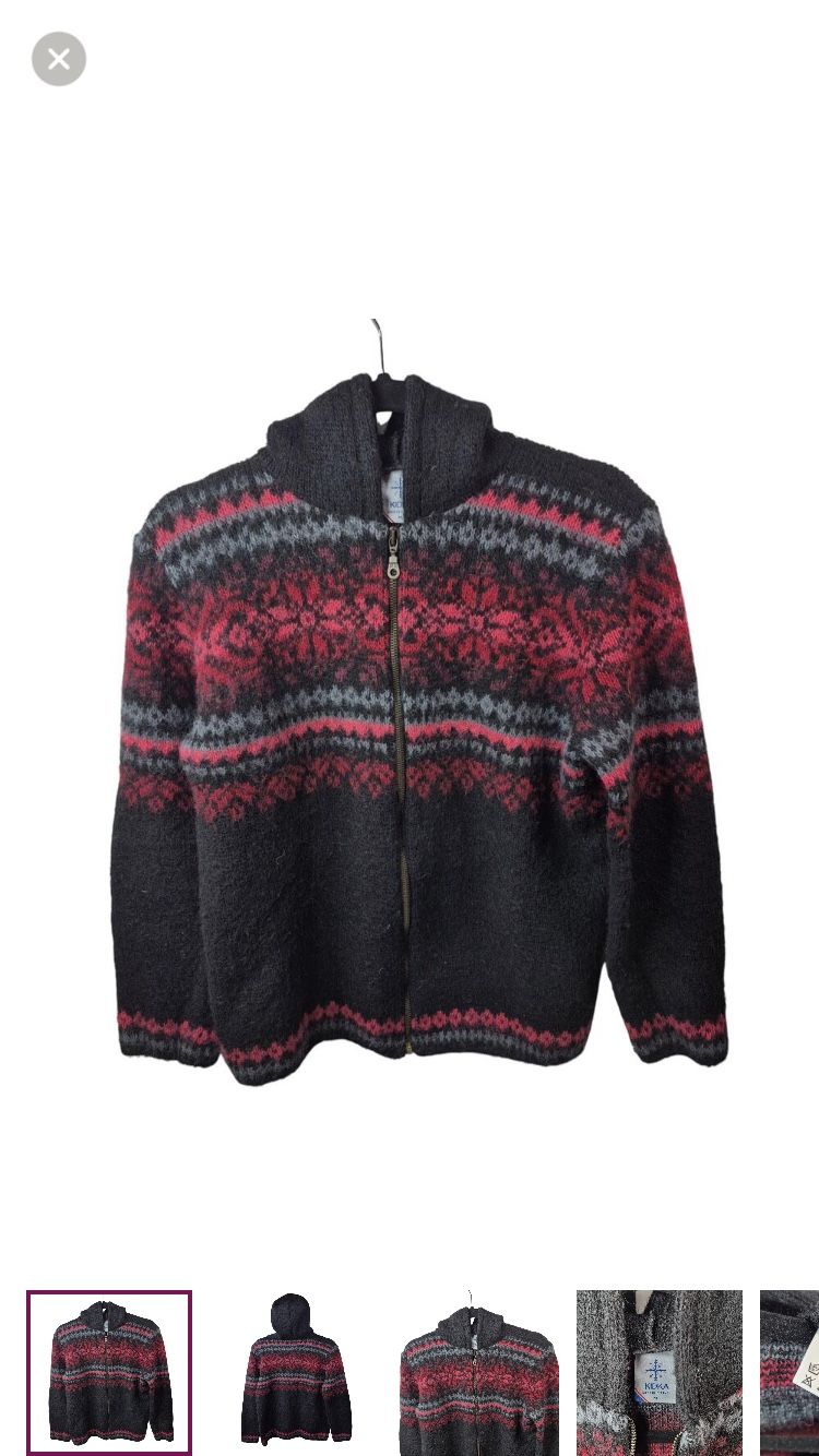 Kidka Icelandic Womens Wool Cardigan Sweater M Full Zip Long Sleeve Hooded 