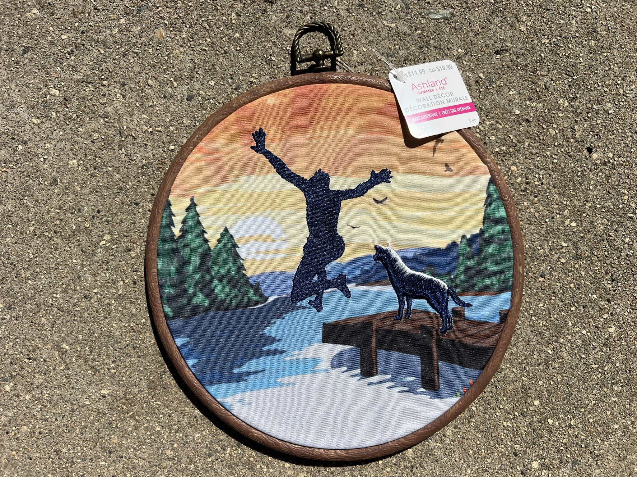 Colorful Wall/Cabin Decor- Mountains/Lake scene with dog and person jumping off pier, new with tags.